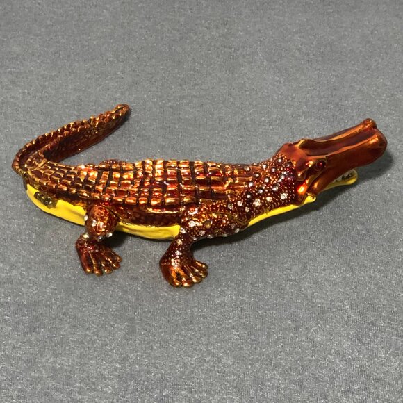 Enameled Alligator Crocodile Trinket Box Rhinestone Hinged Bejeweled - Picture 4 of 13